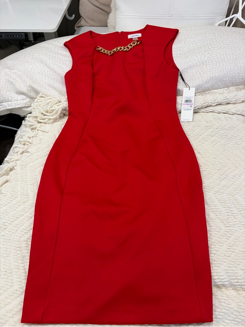 Calvin Klein Red Midi Sheath Dress with Gold Chain Accent